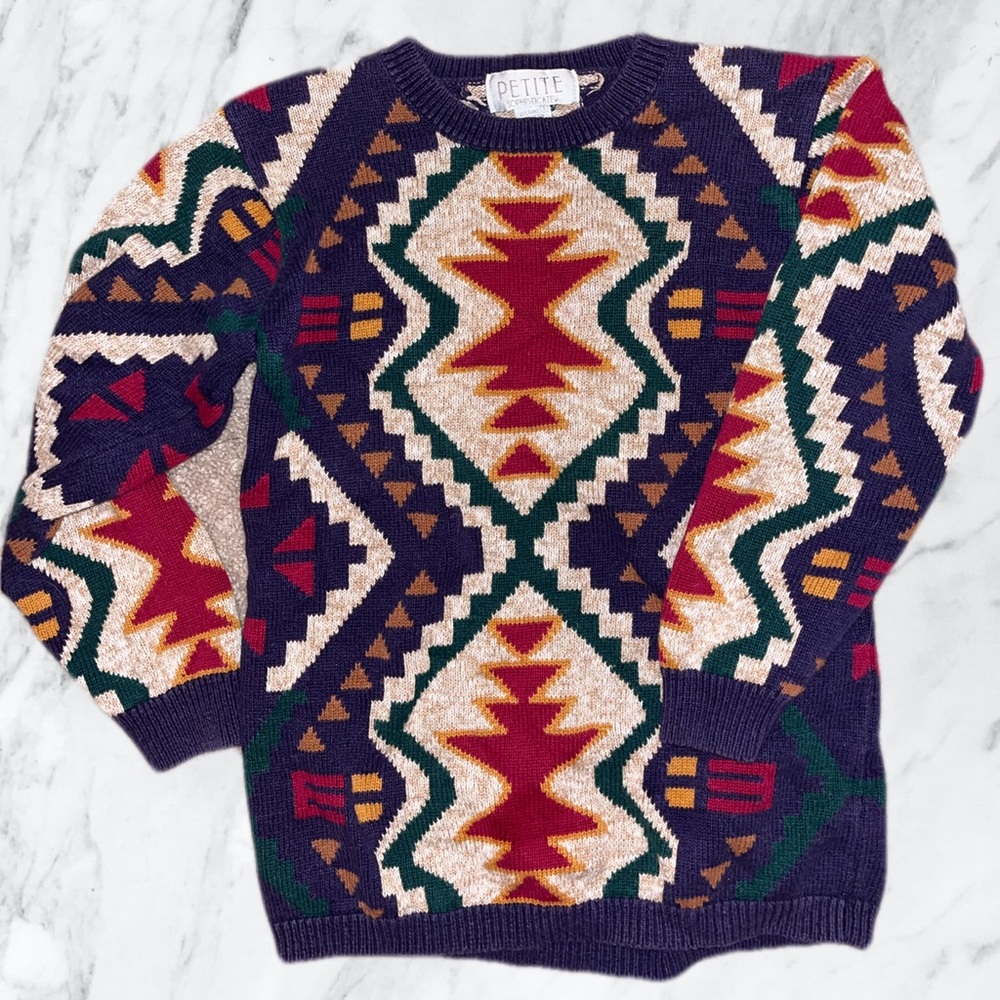 Vintage multicolor unique sweater tribal pattern woven grandpa crewneck fishing